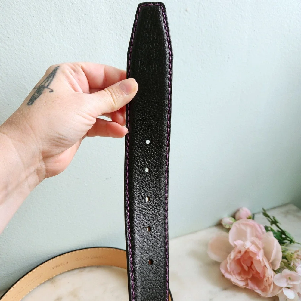 Roger Ximenez Black Leather Belt Purple Stitch Solid Brass Made in Italy‎